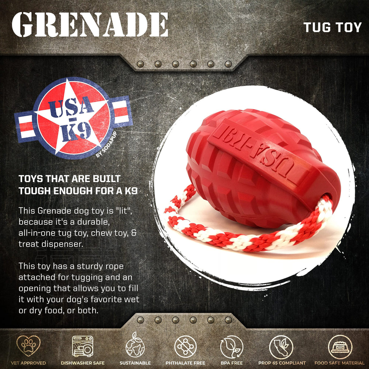 USA-K9 Grenade Treat Dispenser and Tug Toy - Multi-Functional Dog Play Essential