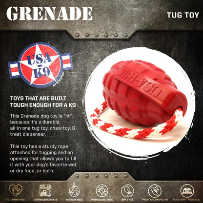 USA-K9 Grenade Treat Dispenser and Tug Toy - Multi-Functional Dog Play Essential