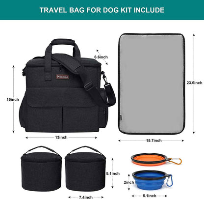 Premium Dog Travel Bag Set with Food Bags, Bowls, and Mat - Black | Organized Travel Accessories for Camping and Road Trips with Ample Storage, Multiple Pockets, and Water-Resistant Oxford Fabric