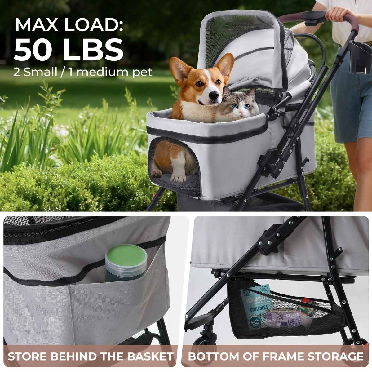 4-Wheel Foldable Pet Stroller for Dogs and Cats