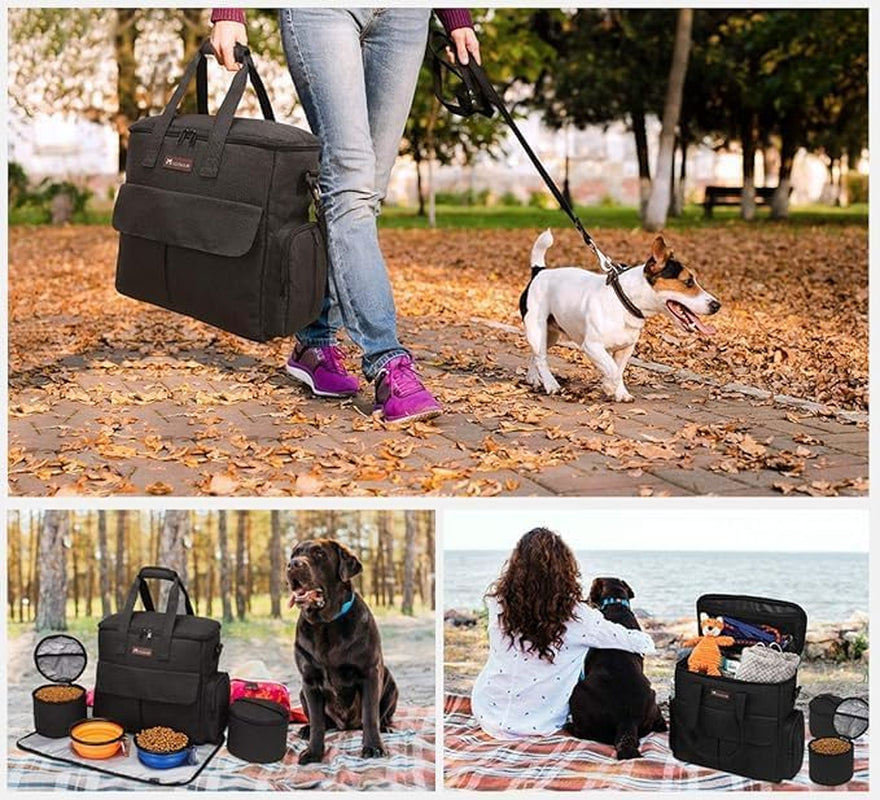 Premium Dog Travel Bag Set with Food Bags, Bowls, and Mat - Black | Organized Travel Accessories for Camping and Road Trips with Ample Storage, Multiple Pockets, and Water-Resistant Oxford Fabric