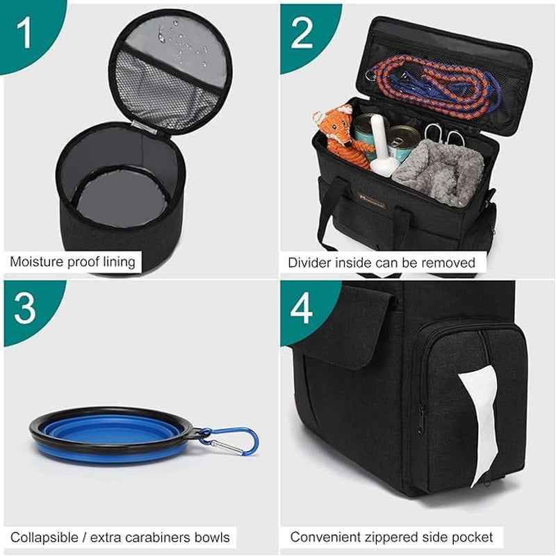 Premium Dog Travel Bag Set with Food Bags, Bowls, and Mat - Black | Organized Travel Accessories for Camping and Road Trips with Ample Storage, Multiple Pockets, and Water-Resistant Oxford Fabric