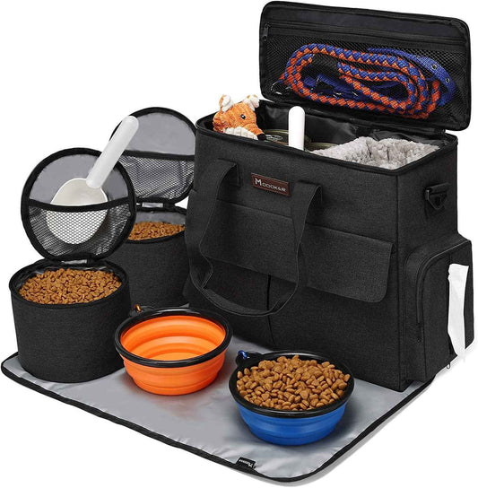 Premium Dog Travel Bag Set with Food Bags, Bowls, and Mat - Black | Organized Travel Accessories for Camping and Road Trips with Ample Storage, Multiple Pockets, and Water-Resistant Oxford Fabric