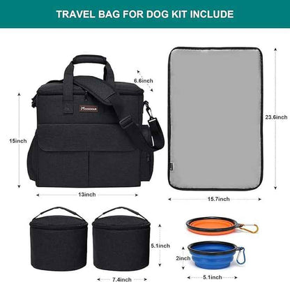Premium Dog Travel Bag Set with Food Bags, Bowls, and Mat - Black | Organized Travel Accessories for Camping and Road Trips with Ample Storage, Multiple Pockets, and Water-Resistant Oxford Fabric