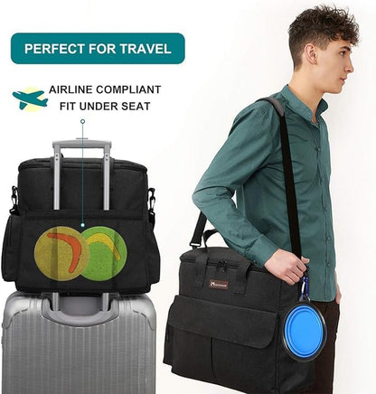 Premium Dog Travel Bag Set with Food Bags, Bowls, and Mat - Black | Organized Travel Accessories for Camping and Road Trips with Ample Storage, Multiple Pockets, and Water-Resistant Oxford Fabric